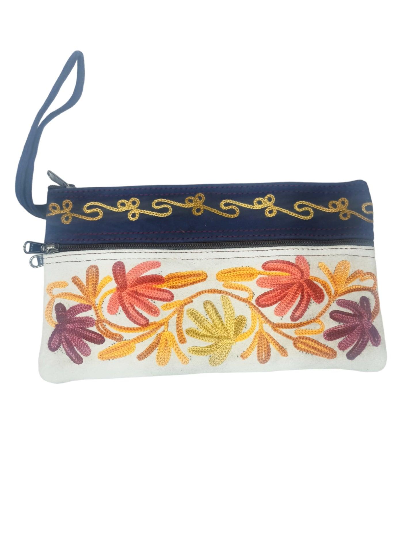 Suede Leather Purse | Aari Hand Purch | 8" 3 Zip Embroidered Purse - ZANSKAR ARTS