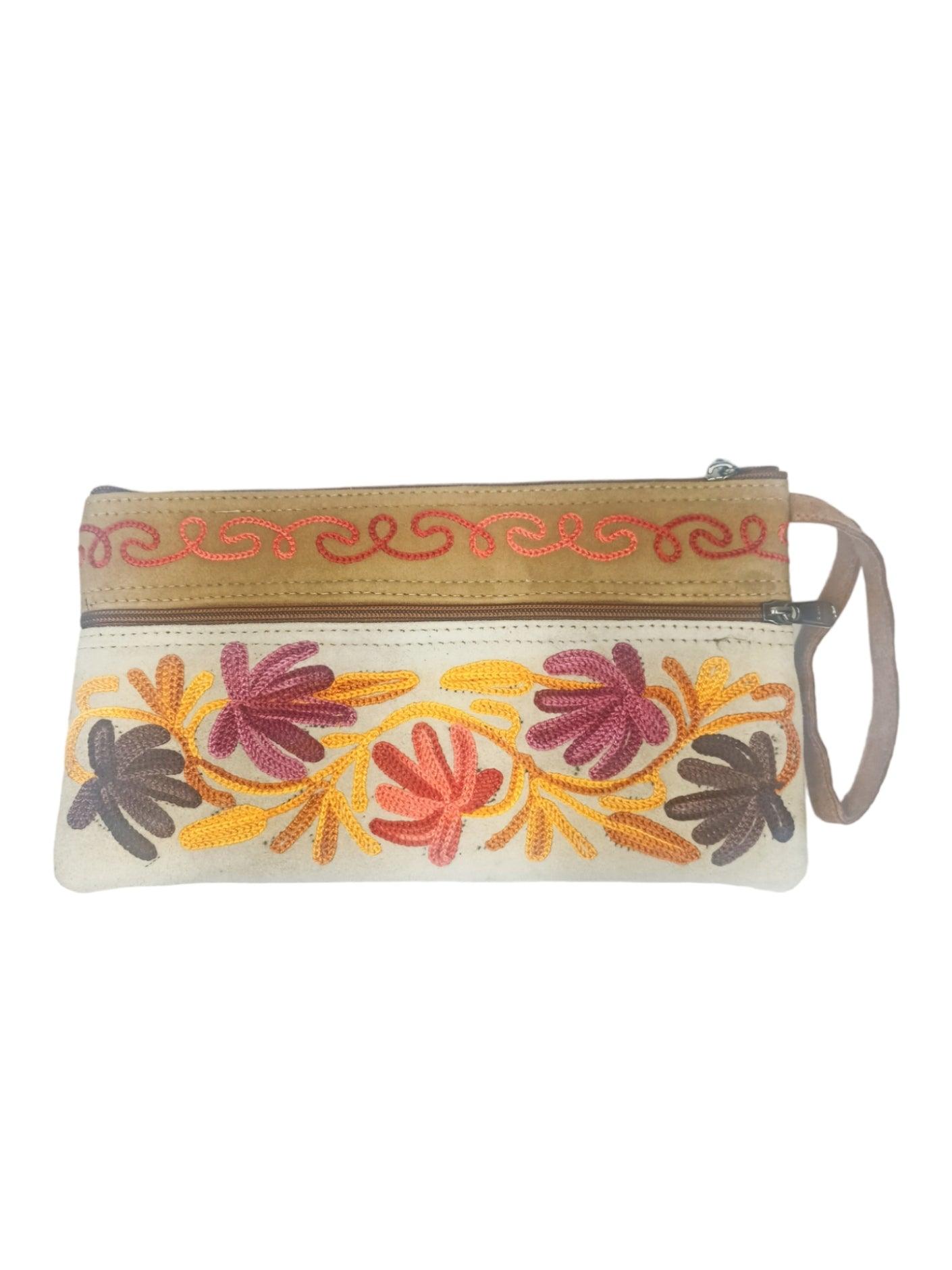 Suede Leather Purse | Aari Hand Purch | 8" 3 Zip Embroidered Purse - ZANSKAR ARTS