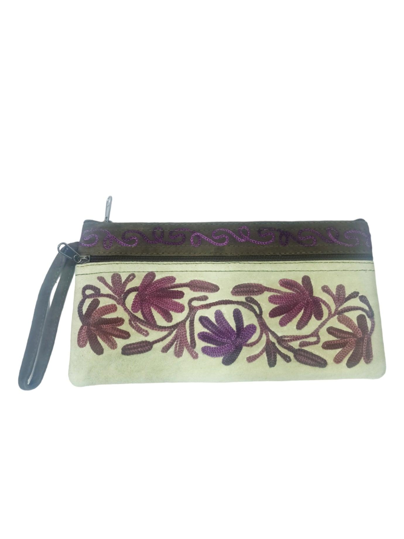 Suede Leather Purse | Aari Hand Purch | 8" 3 Zip Embroidered Purse - ZANSKAR ARTS