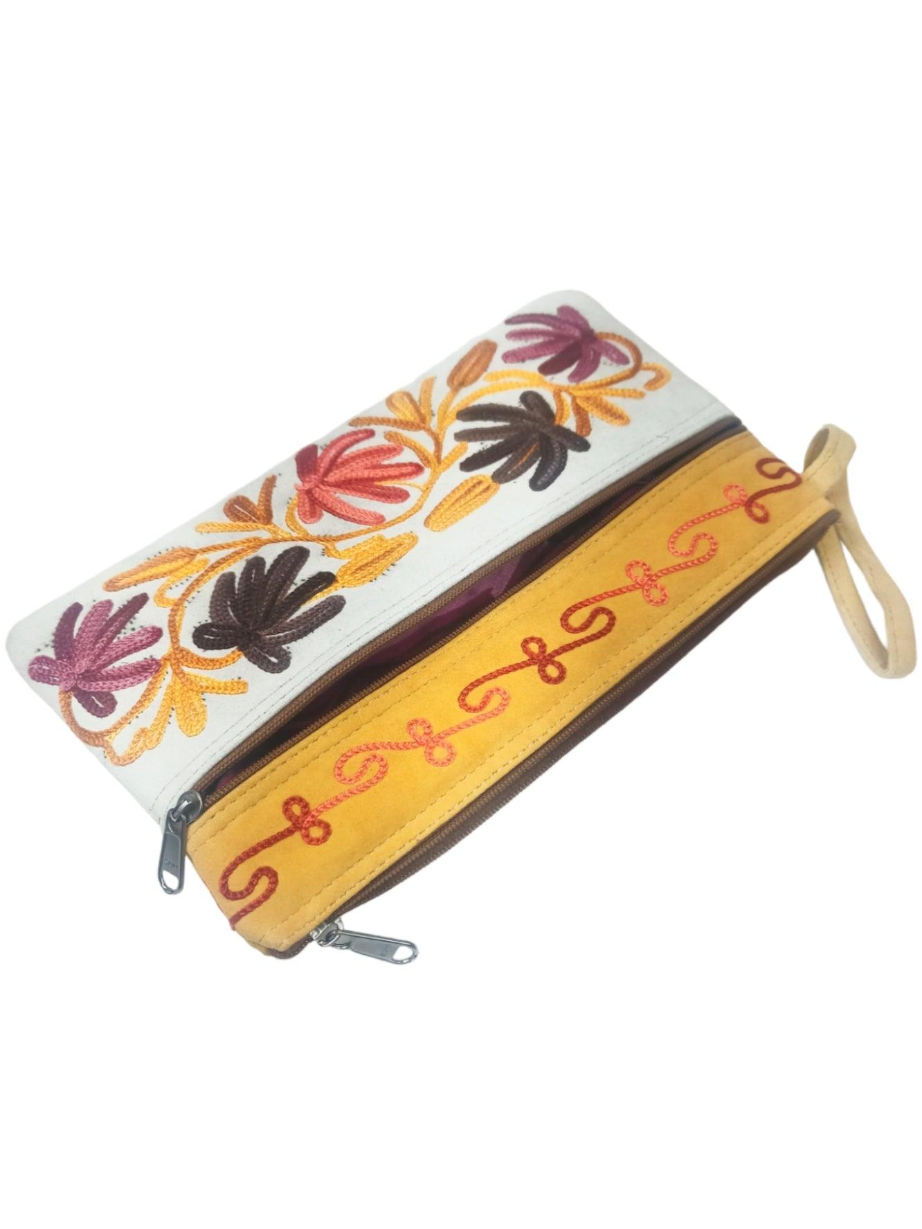 Suede Leather Purse | Aari Hand Purch | 8" 3 Zip Embroidered Purse - ZANSKAR ARTS