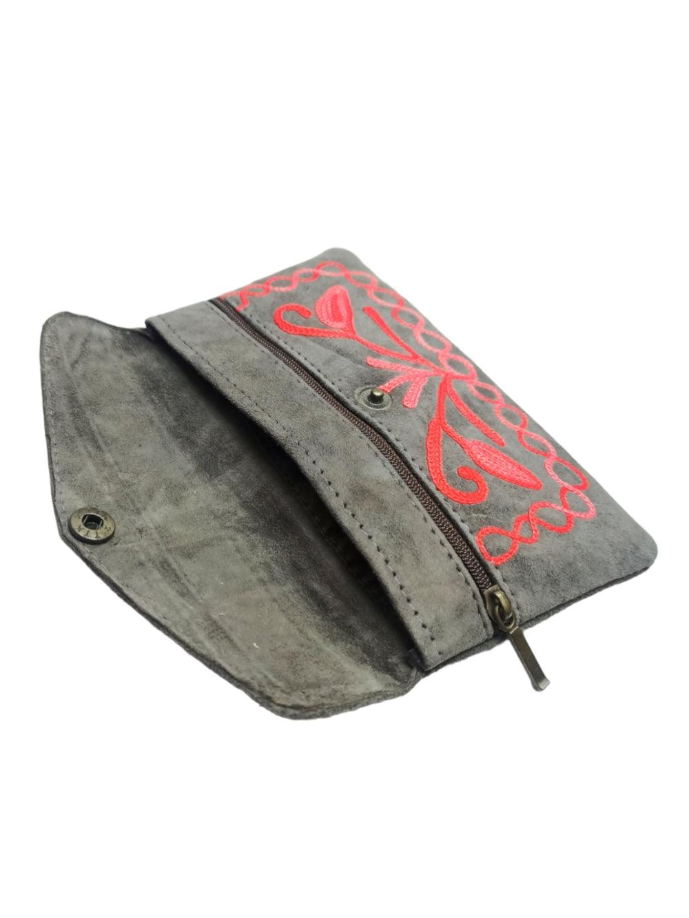 Suede Leather Flap Purse | Kashmiri Flap Purse | 6" Zip Purse - ZANSKAR ARTS