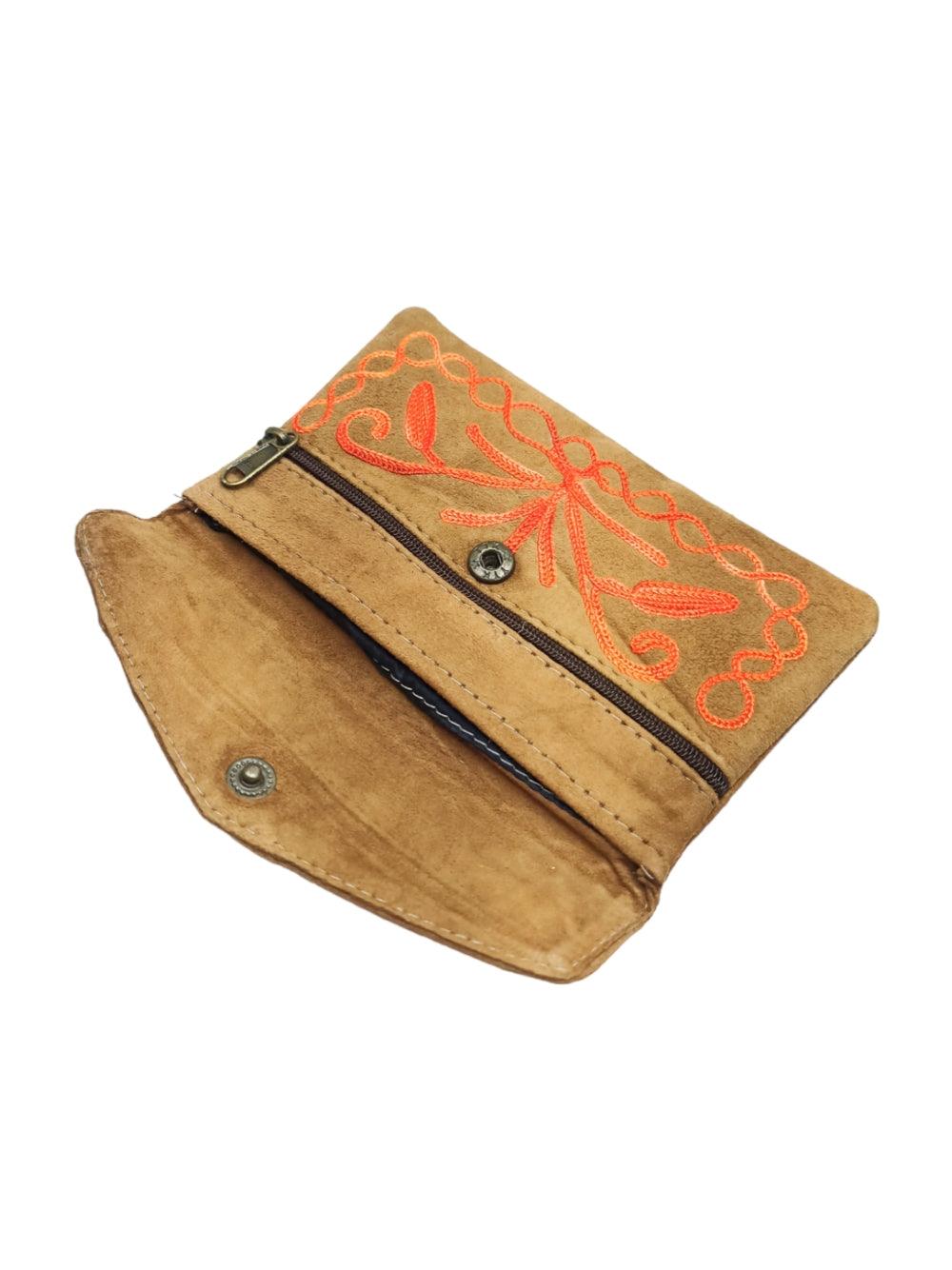 Suede Leather Flap Purse | Kashmiri Flap Purse | 6" Zip Purse - ZANSKAR ARTS