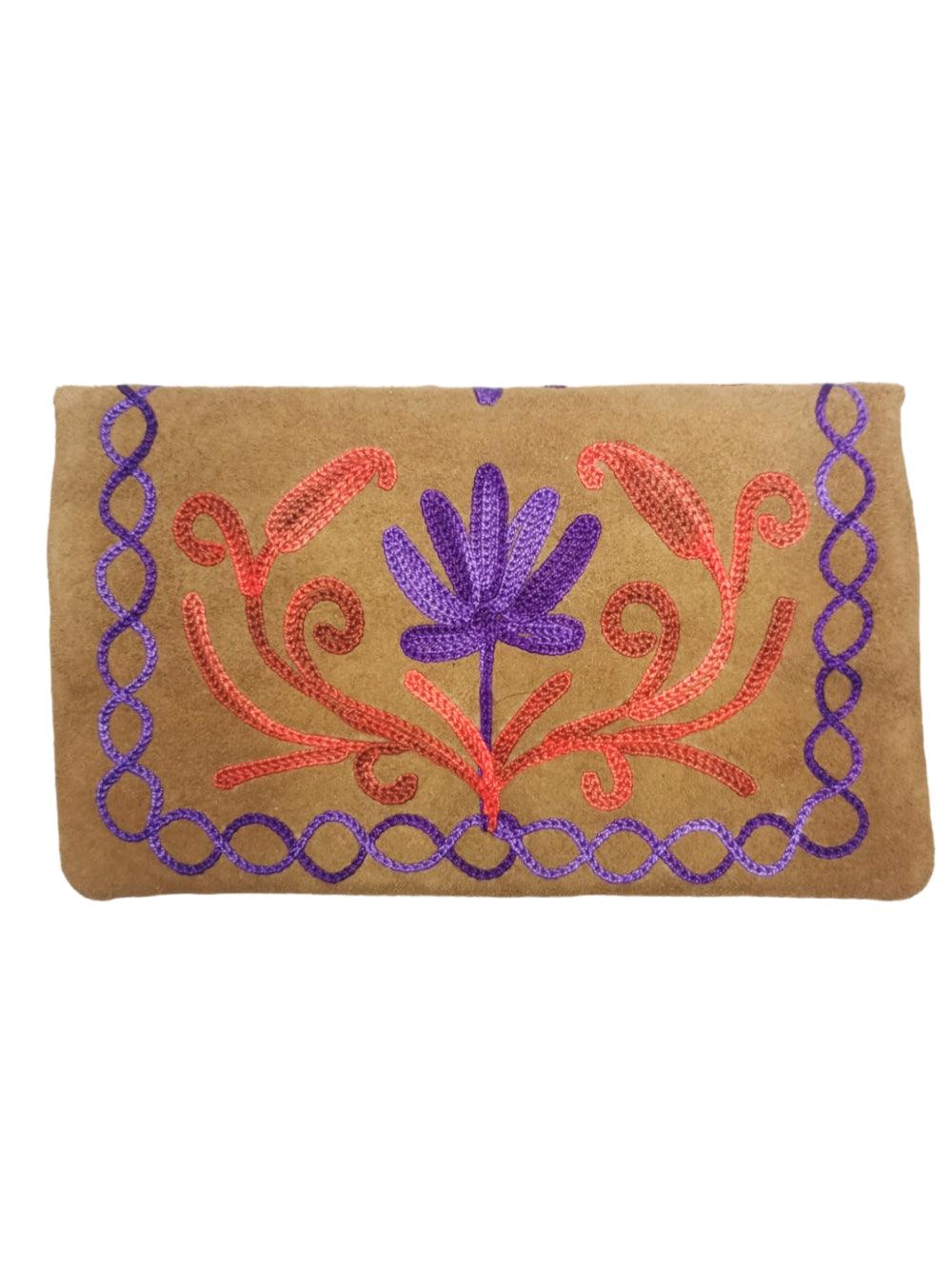 Suede Leather Flap Purse | Kashmiri Flap Purse | 6" Zip Purse - ZANSKAR ARTS