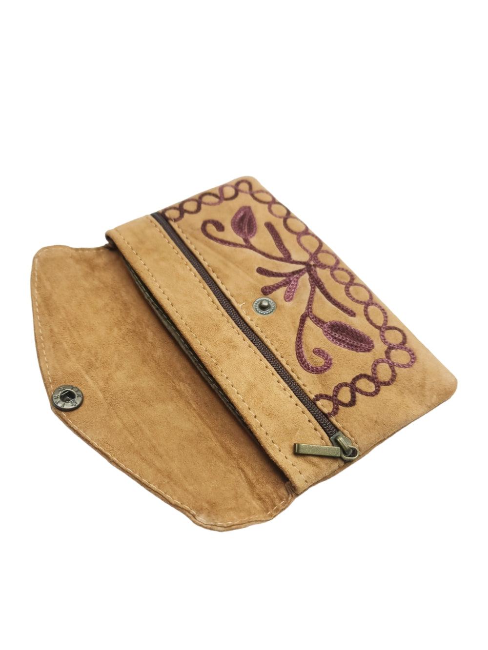 Suede Leather Flap Purse | Kashmiri Flap Purse | 6" Zip Purse - ZANSKAR ARTS