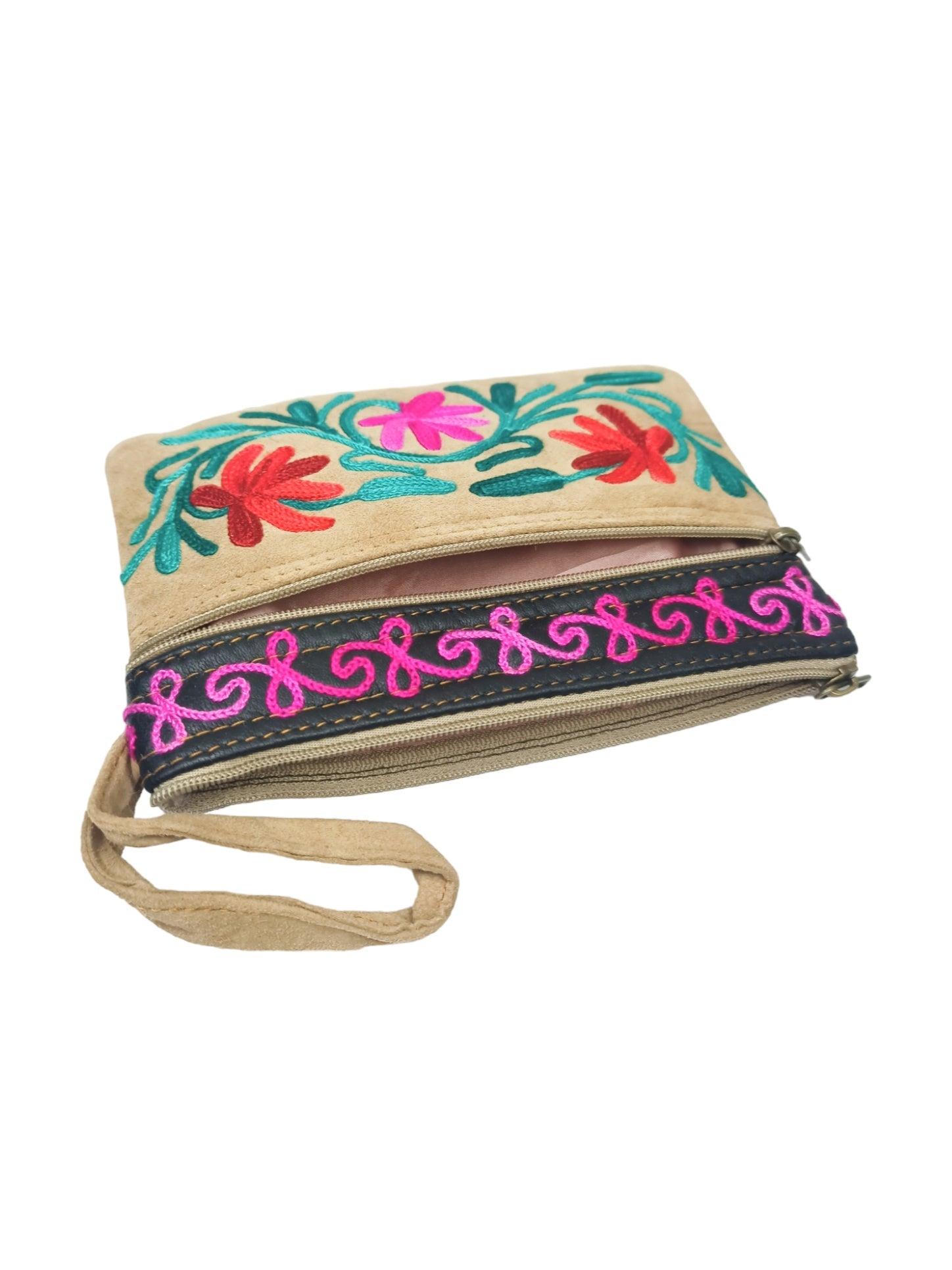 Suede Leather Purse | Aari Hand Purch | 6" 3 Zip Embroidered Purse - ZANSKAR ARTS