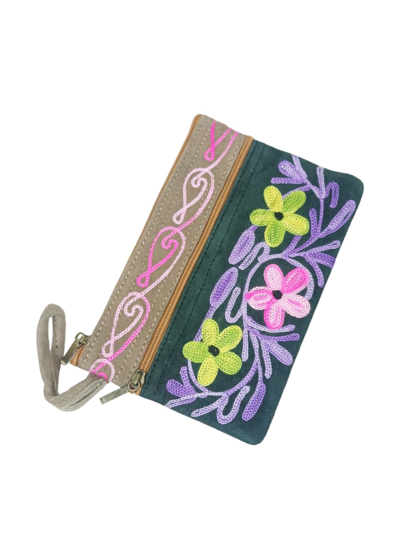 Suede Leather Purse | Aari Hand Purch | 6" 3 Zip Embroidered Purse - ZANSKAR ARTS